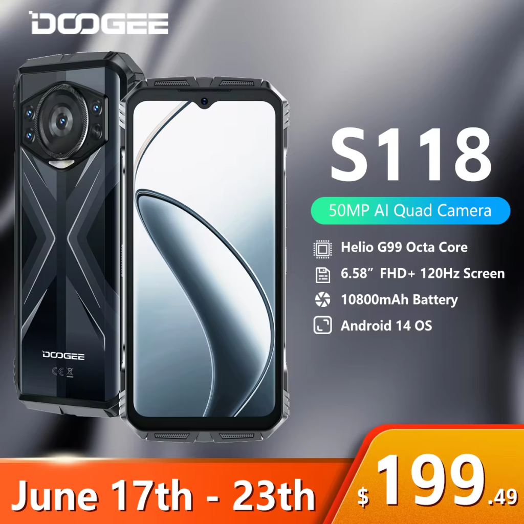 DOOGEE S118 Rugged Smartphone 20GB(8+12GB Extended) 6.58" FHD+ Screen Helio G99 10800mAh 50MP AI Camera NFC